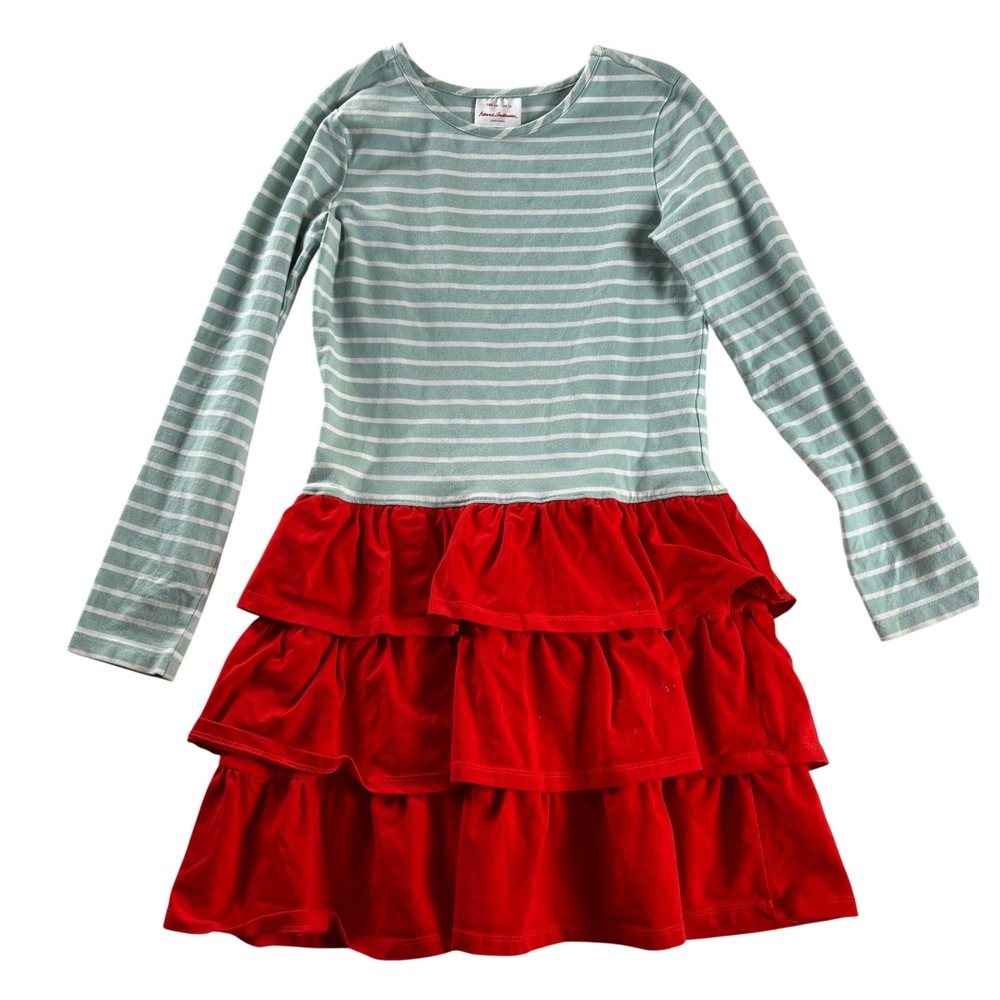 Hanna Andersson Girls Tiered Ruffle Dress Striped Cotton Long Sleeve Red US 10